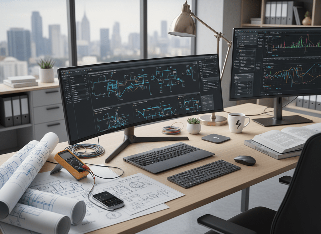Professional electrical engineering office desk with blueprints, laptop, and technical drawings, clean modern workspace